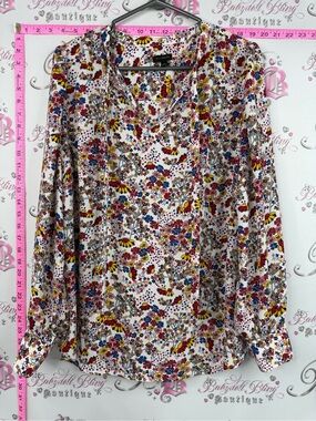 Talbots White Floral V-Neck Long-Sleeve Blouse with Yellow and Blue Accents